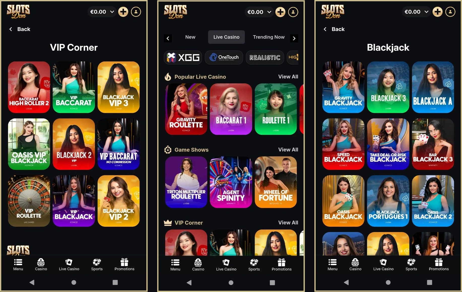 All live table games at a glance at Slots Don