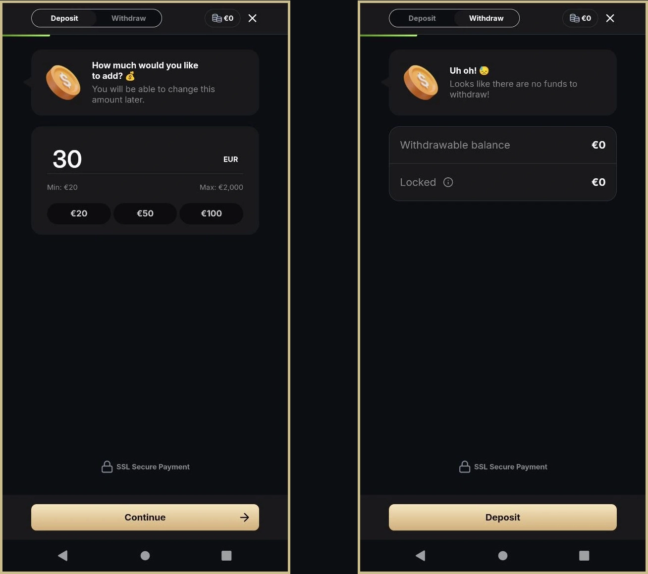 Deposit and withdrawal information at Slotsdon