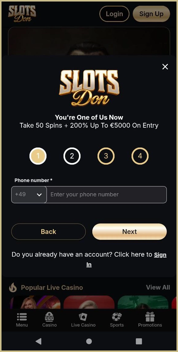 Registration for a new account at Slotsdon Casino
